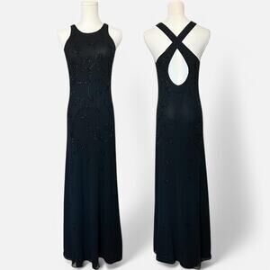 VTG 90s Laundry by Shelli Segal Black Beaded Mesh High Neck Open Back Maxi Dress